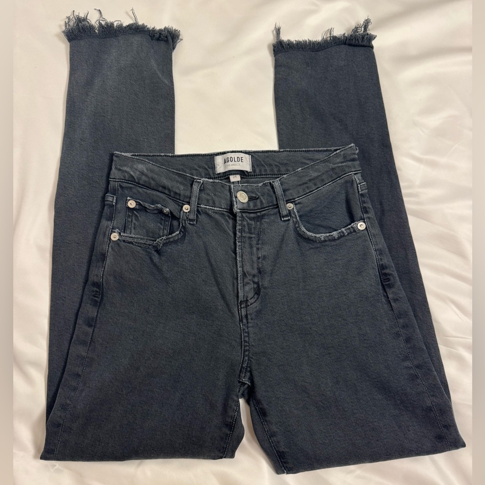 AGOLDE Black High Rise Straight Leg Jeans Raw Hem Size 24